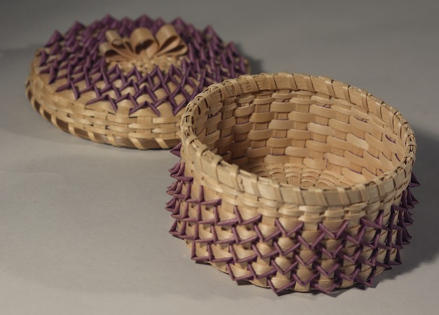 Rocky Keezer (Passamaquoddy Tribe at Sipayik [or Pleasant Point], Maine, b. 1969), Natural and Purple Woven Porcupine Basket, ca. 2008, dyed and natural brown ash, sweetgrass. Interior view.
