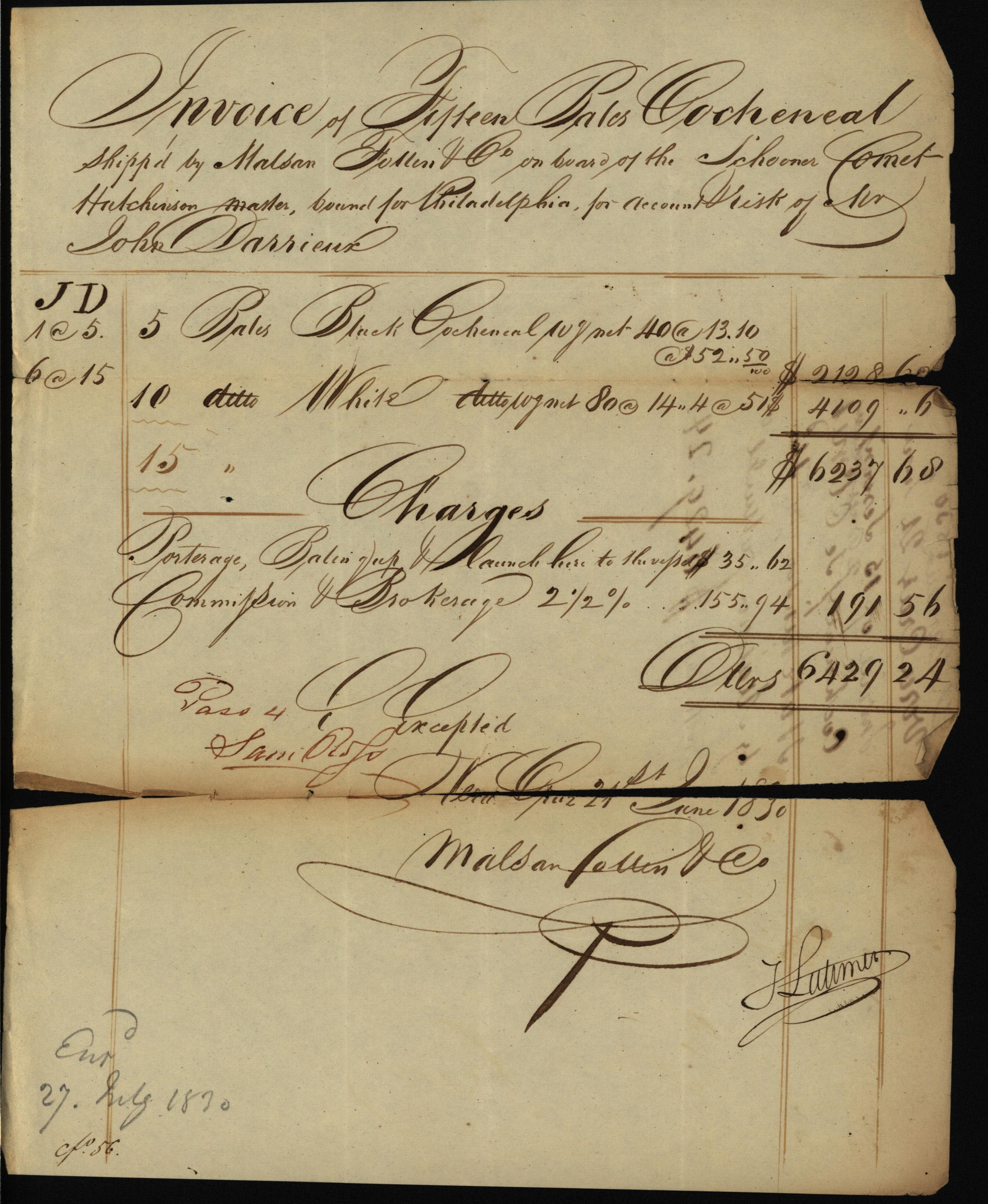 Invoice for cochineal, Malsan, Follin, & Co., 1830