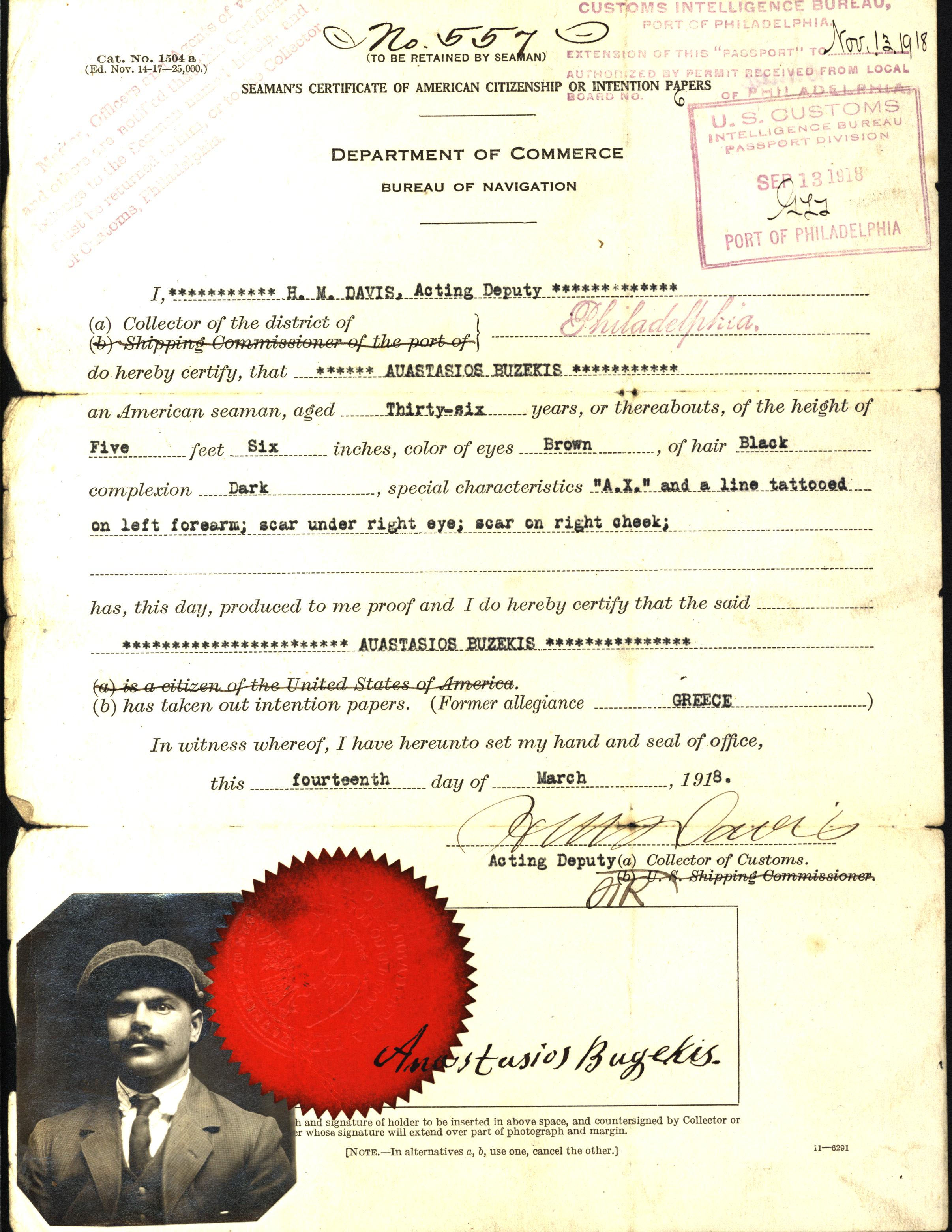 Anastasios Buzekis, seaman’s certificate of intention papers, 1918