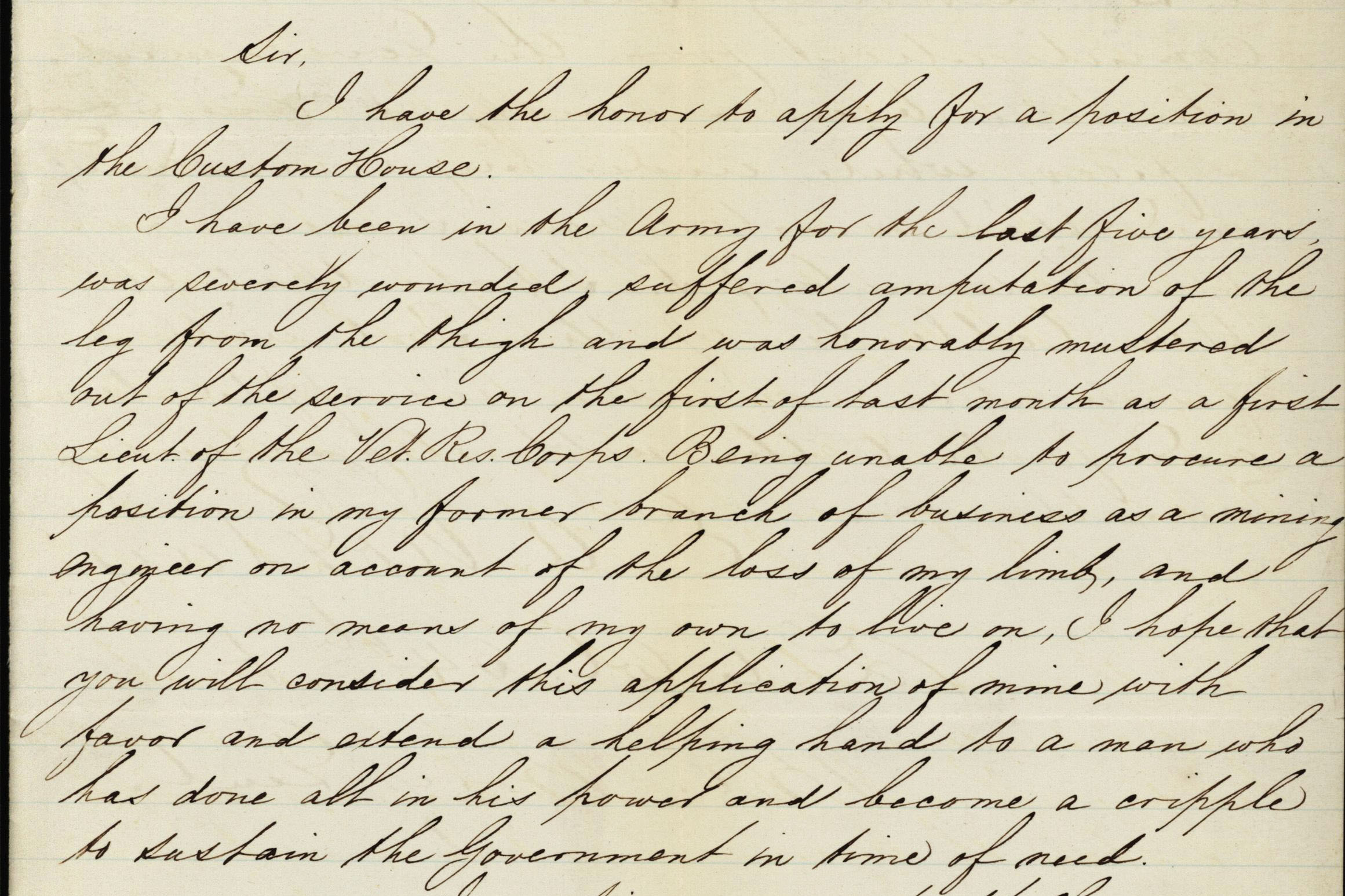 Letter to the Collector of Customs from Francis Wernick, a Civil War veteran, detail, October 1, 1866