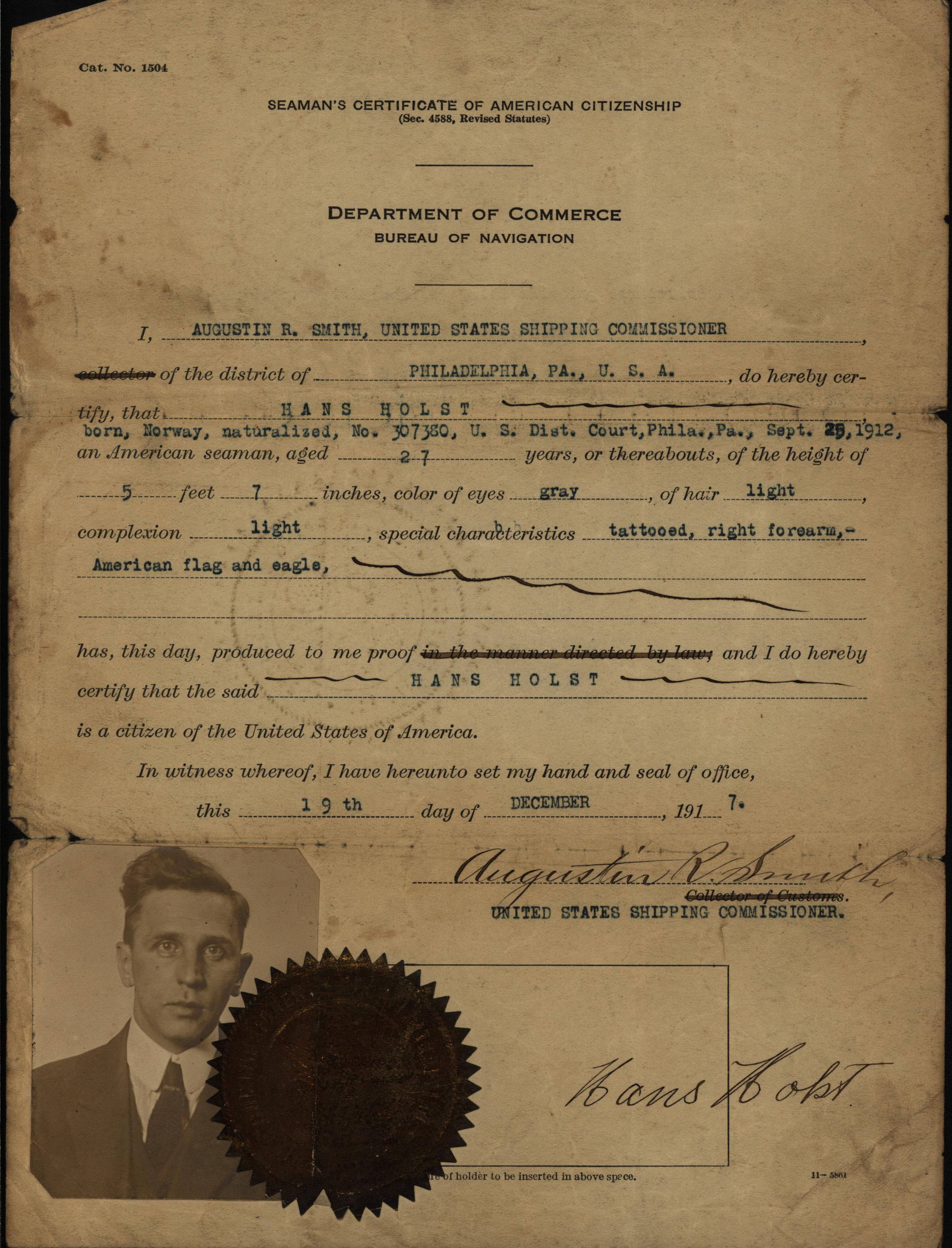 Hans Holst, seaman’s certificate of American citizenship, 1917