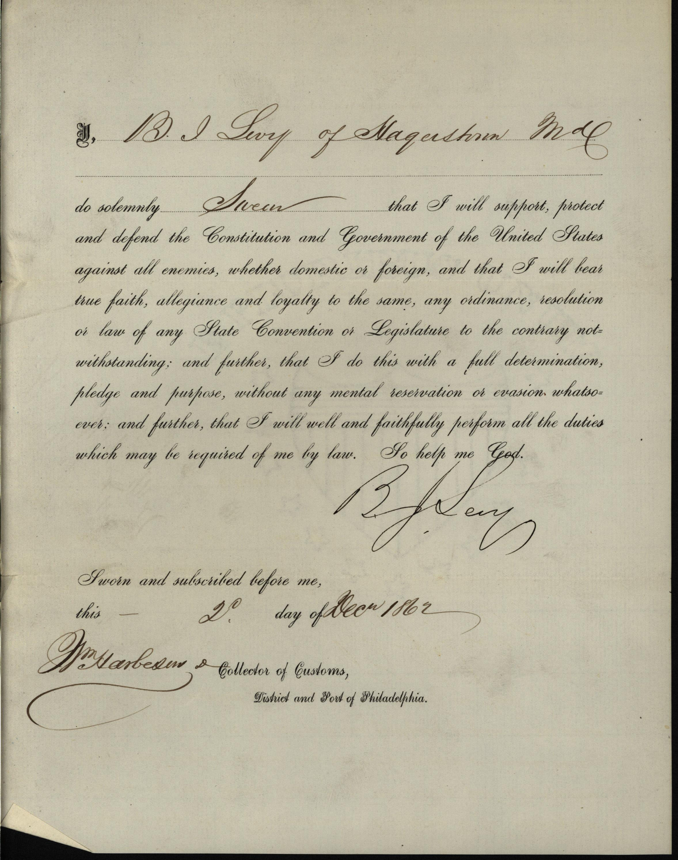 B.J. Levy, Oath of Allegiance, 1862