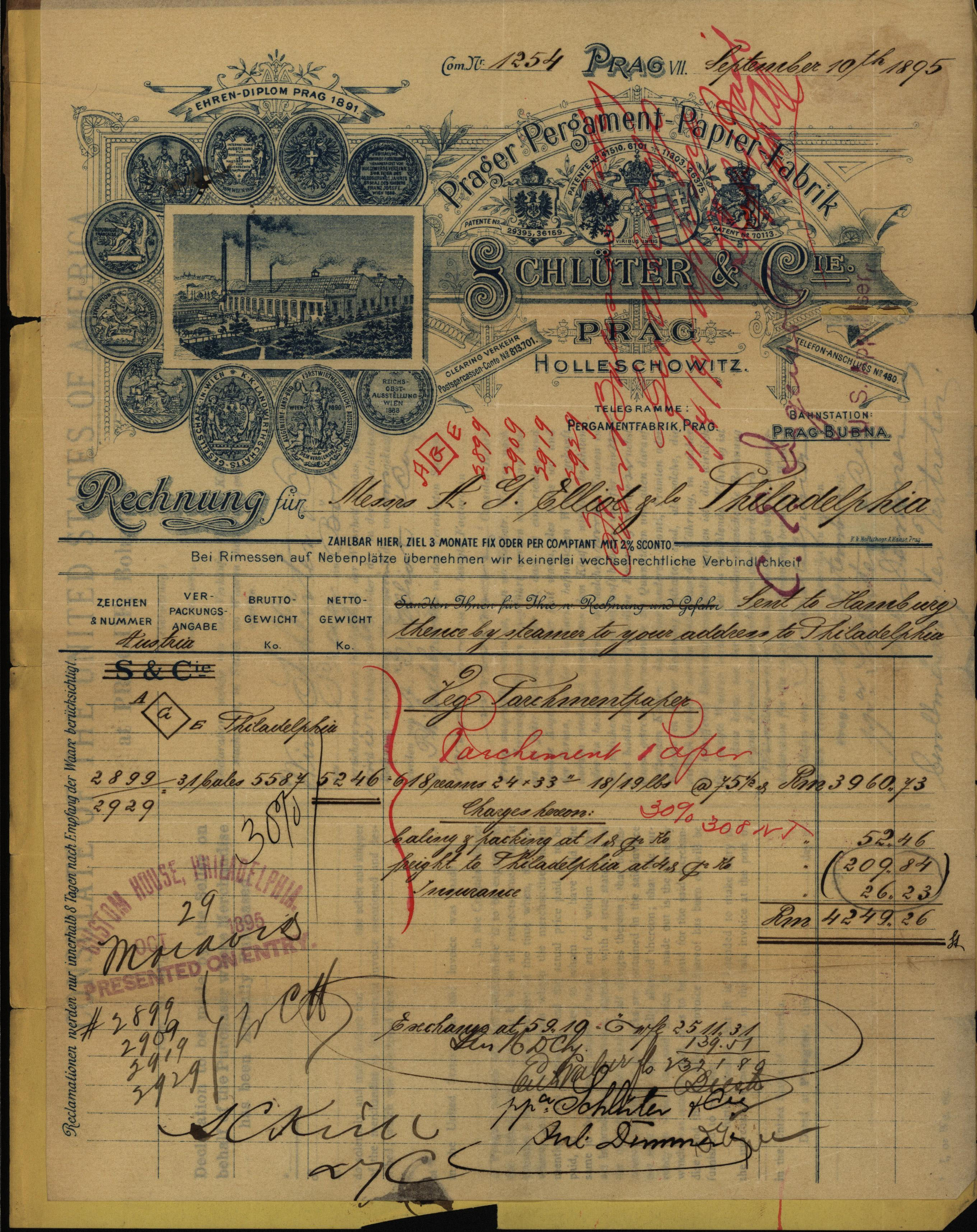Invoice for parchment paper, Prager Pergament-Papier-Fabrik, 1895