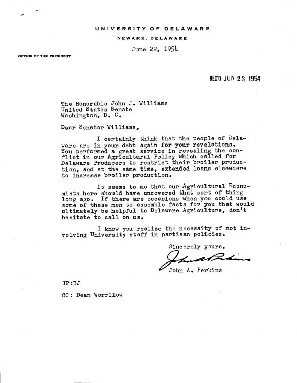 Letter to Senator John Williams, discussing the Delaware poultry industry, 1954 June 22