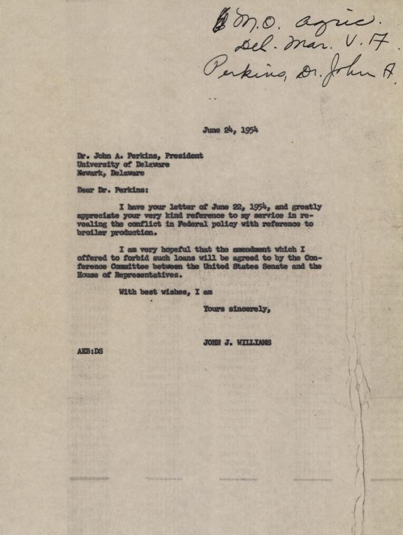 Response letter to University of Delaware President John Perkins, 1954 June 24