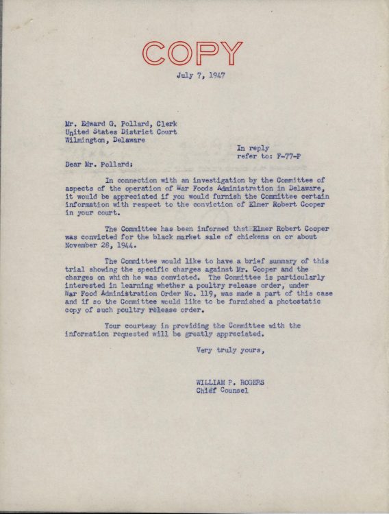 Letter to US District Court Clerk Edward Pollard, re. Elmer Robert Cooper case (1944), 1947 July 7