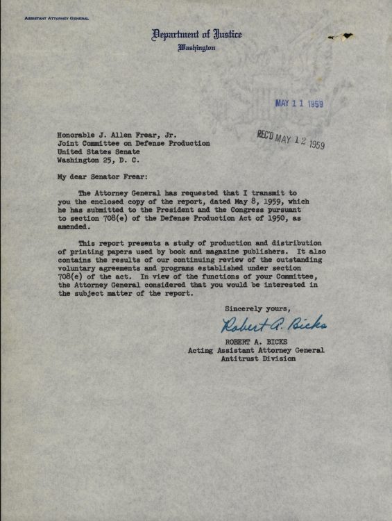 Letter to Senator Frear, transmitting a Department of Justice report on Book and Magazine Paper manufacturing, 1959 May 11