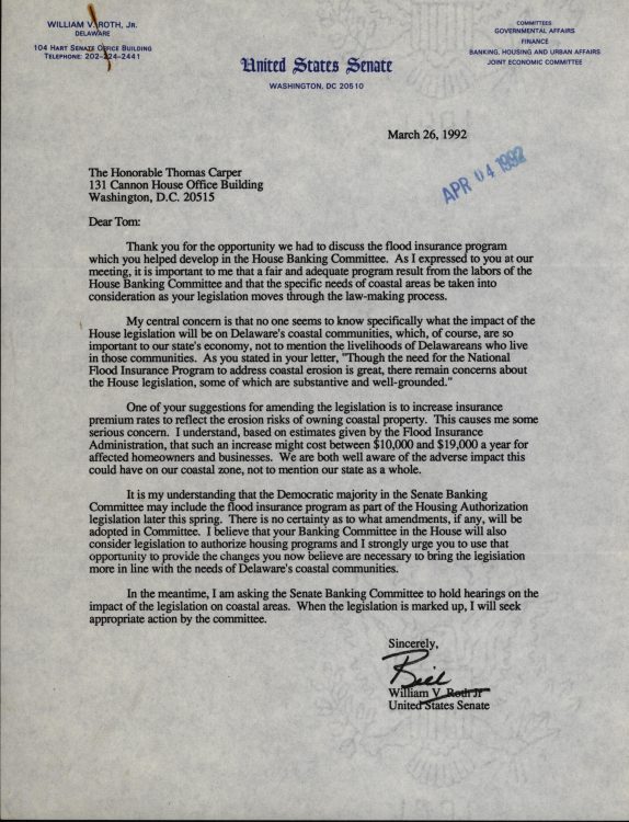 Response letter to Congressman Carper, 1992 March 26