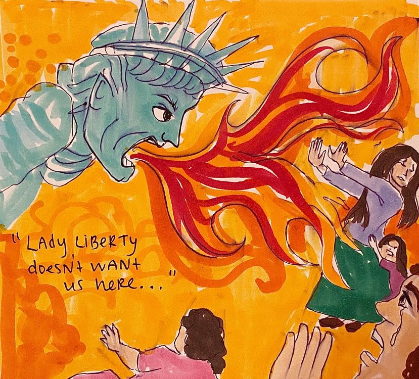 Anastasia Slobodov. “Lady Liberty Doesn’t Want Us Here,” painting, 2020.
