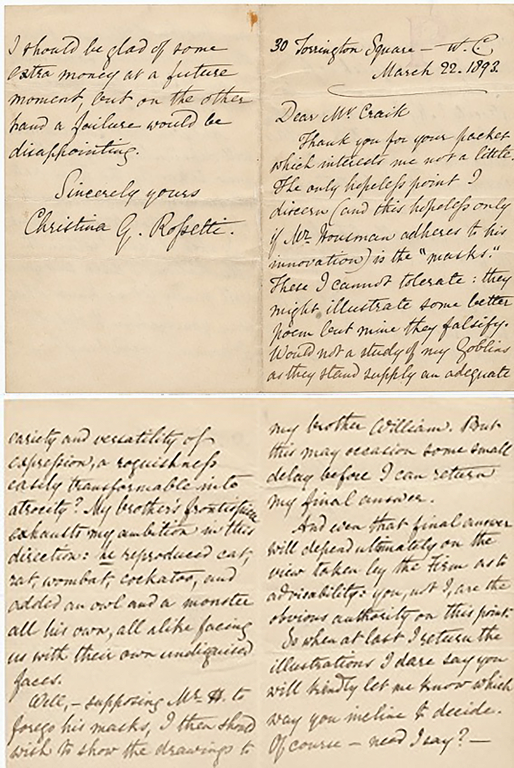 Autograph letter from Christina Rossetti to George Lillie Craik