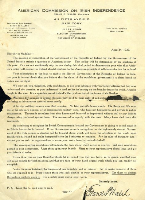 American Commission on Irish Independence letter