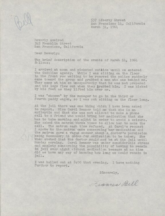 Letter from Frances Bell to Beverly Axelrod, 31 March 1964