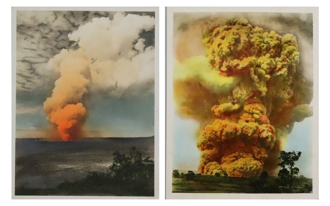 Left: Unknown, Untitled (Active Volcano), before 1959, 9 ½ x 7 ½ inches, hand-tinted gelatin silver. Right: Unknown, Untitled (Exploding Volcano), before 1959, 9 ½ x 7 ½ inches, hand-tinted gelatin silver. Museums Collections, Gifts of Peter. J. Cohen.
