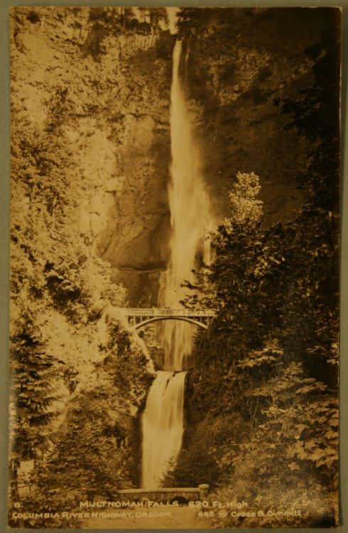 Cross & Dimmitt, Multnomah Falls, Columbia River HWY, OREGON, 20th century, 6 x 4 inches, post card/photo, silver. Museums Collections, Gift of Mr. Charles Thomas Butler & Ms. Marilyn Laufer.