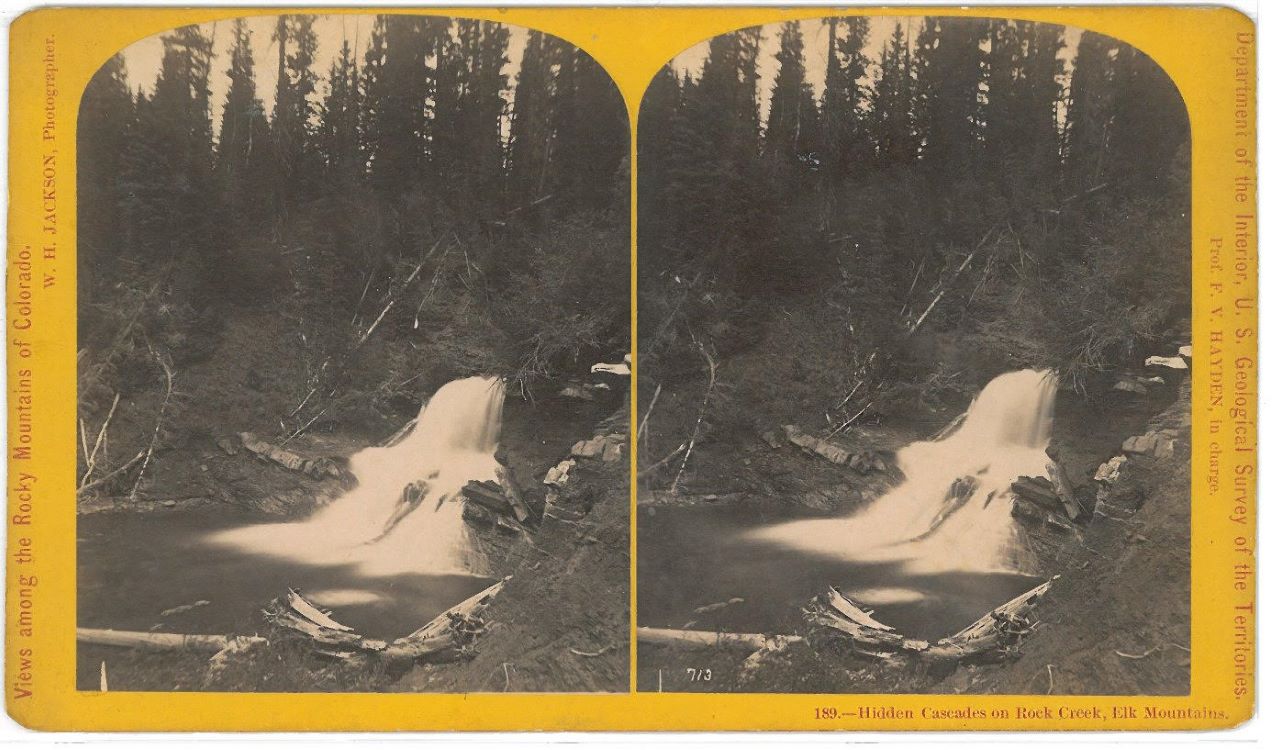 William Henry Jackson (1843-1942), Hidden Cascades on Rock Creek, Elk Mountains, 1870s, 3 15/16 x 6 1/16 inches, albumen. Museums Collections, Museums Purchase.
