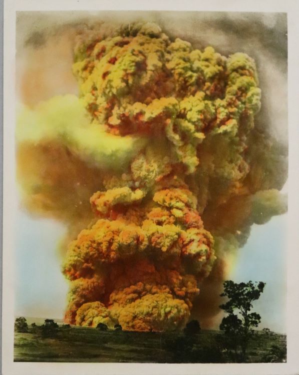 Unknown, Untitled (Exploding Volcano), before 1959, 9 ½ x 7 ½ inches, hand-tinted gelatin silver. Museums Collections, Gift of Peter. J. Cohen.