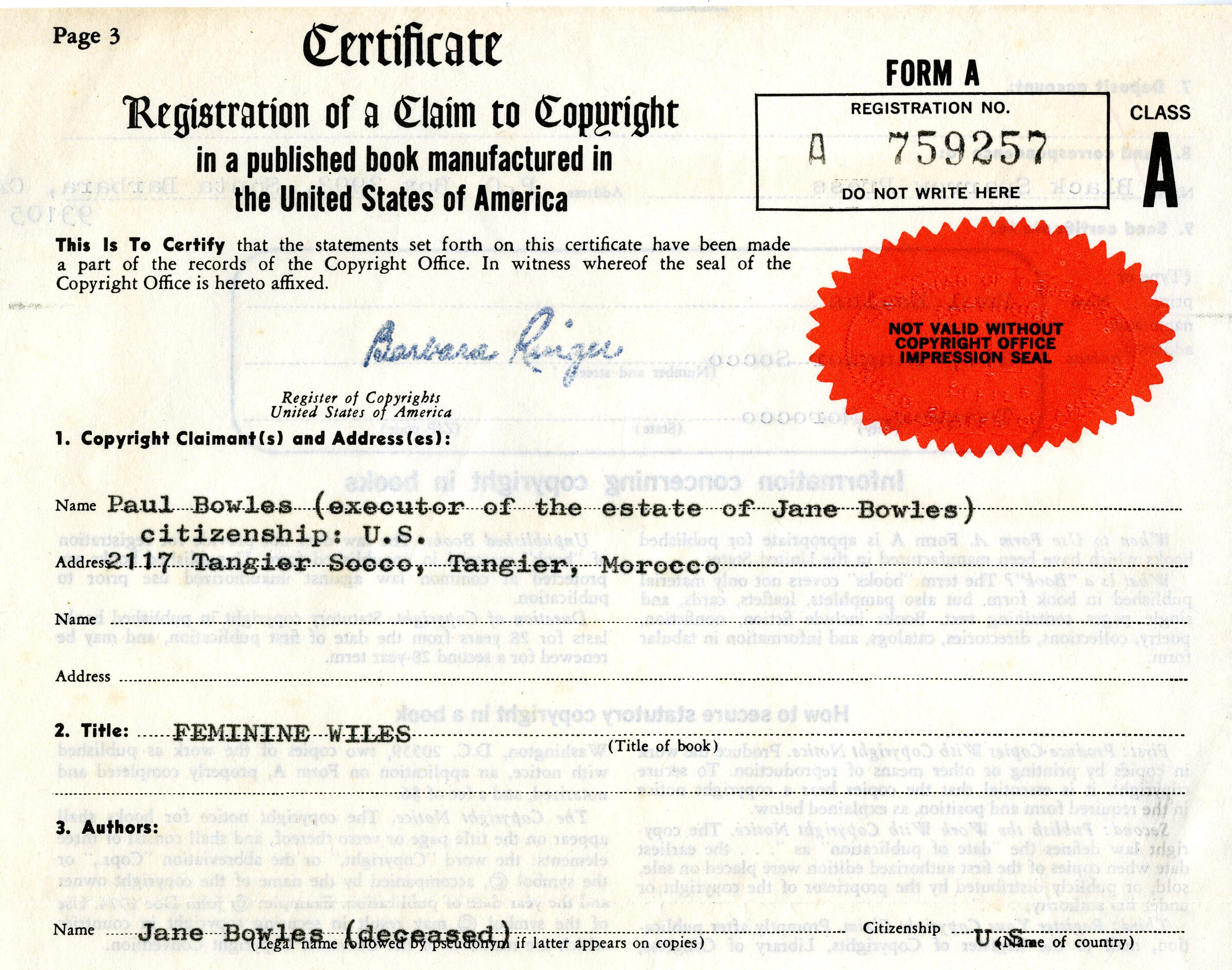 United States Copyright Office, Library of Congress. Certificate of copyright registration for Out in the World: Selected Letters of Jane Bowles, 1935-1970, April 9, 1985, from the Paul Bowles papers