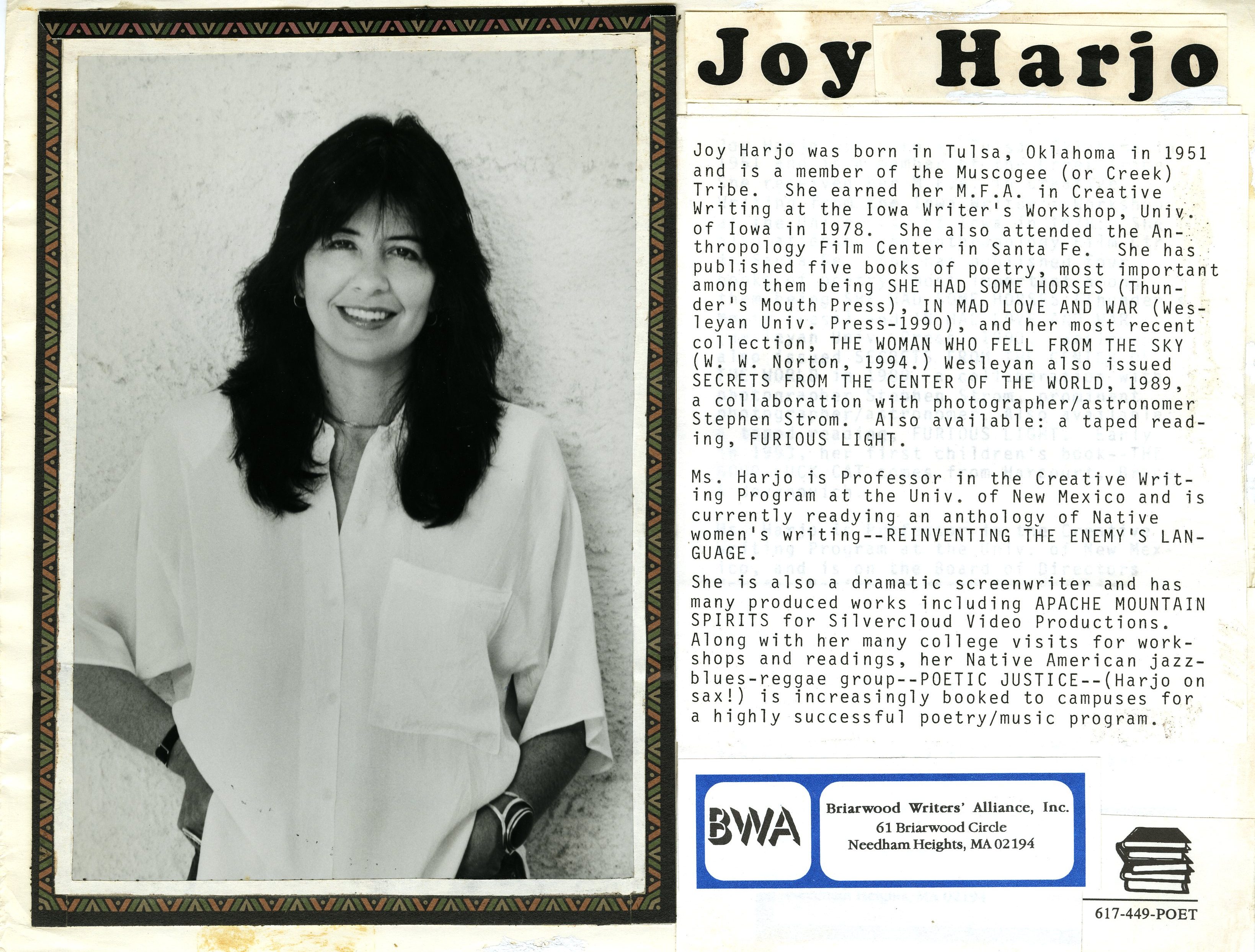 Paste-up for Joy Harjo promotional flyer, Briarwood Writers’ Alliance, 1989, from the Briarwood Writers’ Alliance records