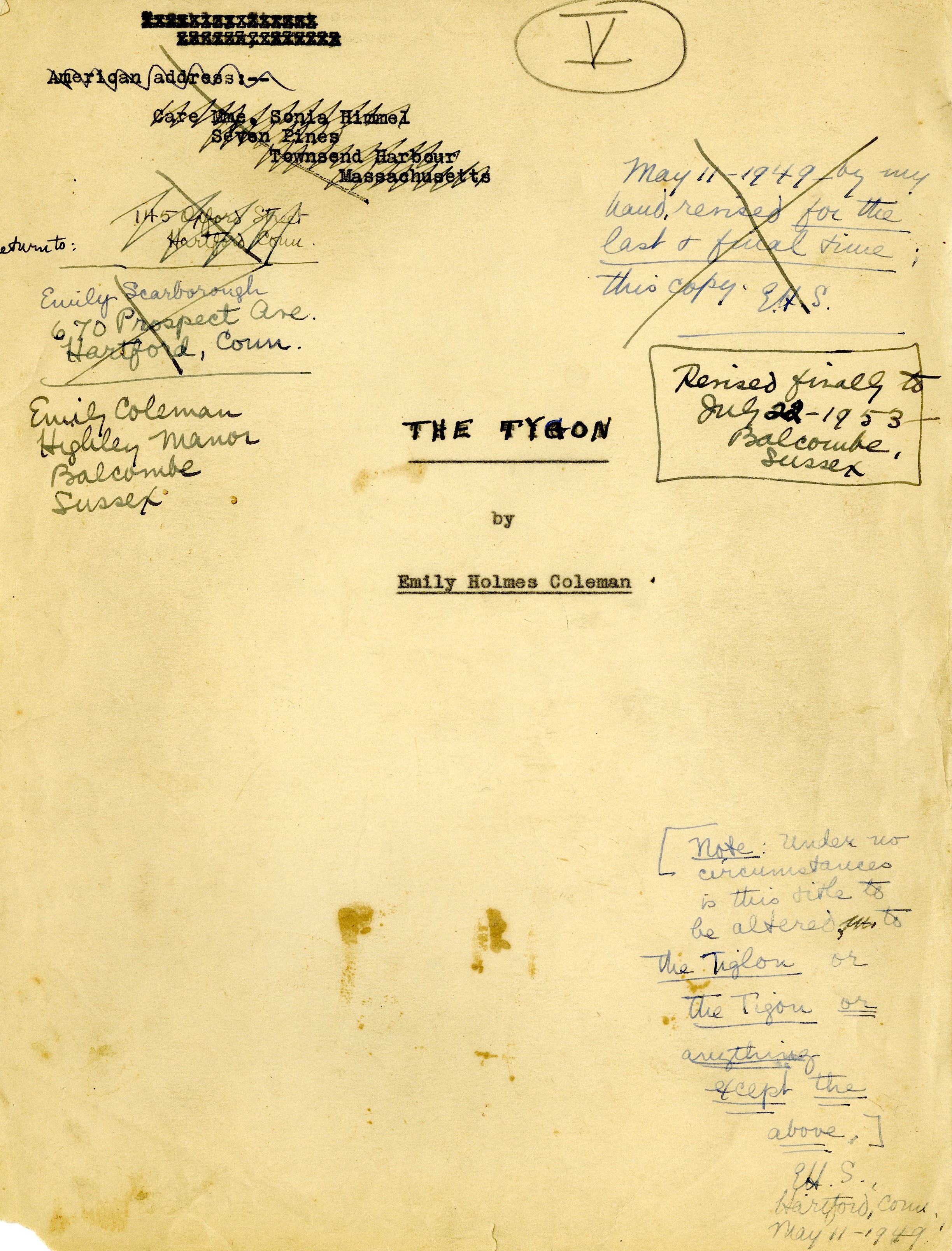 Coleman, Emily. “The Tygon: MS V, revised finally to July 22, 1953 – Balcombe, Sussex,” 1953 (title page), from the Emily Holmes Coleman papers