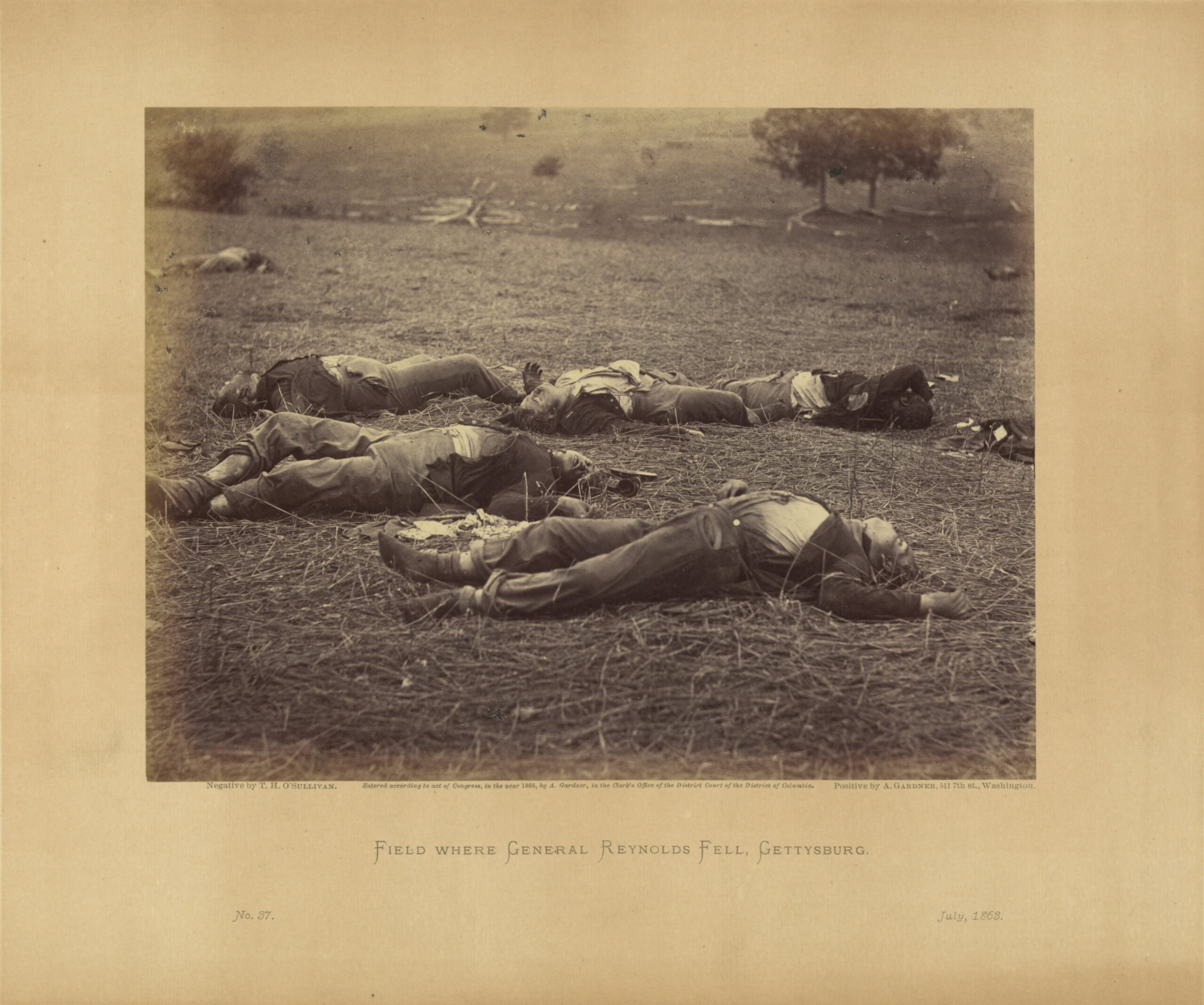 Alexander Gardner (1821-1882). Gardner’s photographic sketch book of the war. Washington, D.C.: Philip & Solomons, 1865. “Field where General Reynolds Fell, Battlefield of Gettysburg” negative by T.H. O’Sullivan; positive by A. Gardner.  Albumen print, plate 37, volume 1. July 1863.