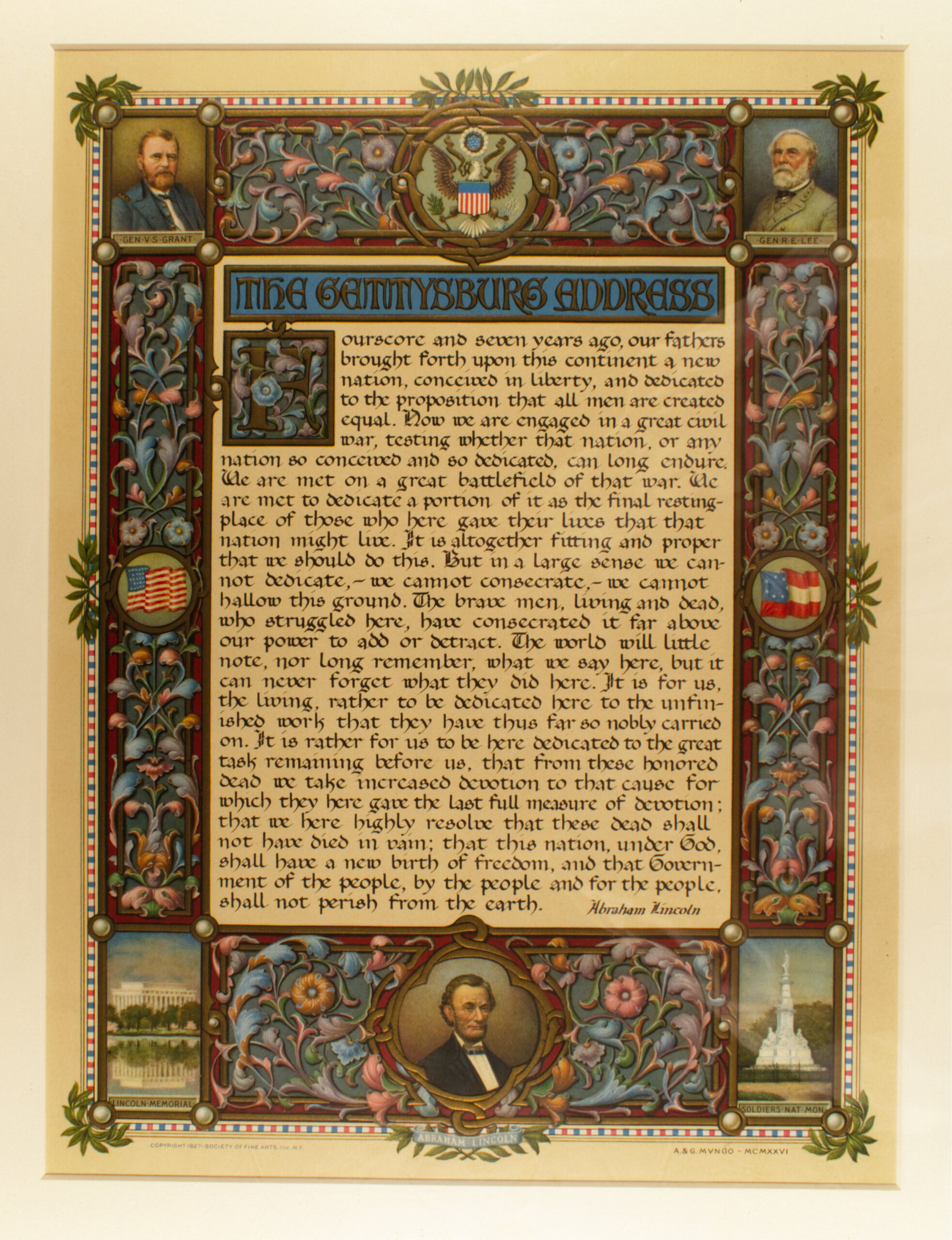 The Gettysburg Address [broadside]. A & G Mungo, 1926. New York: the Society of Fine Arts, copyright 1927.