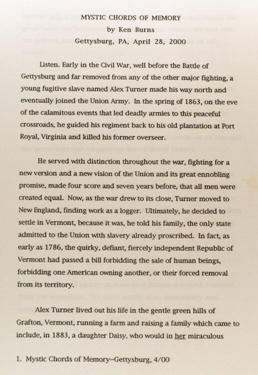 Burns, Ken. Mystic Chords of Memory [computer-generated typescript]. Gettysburg, Pennsylvania, April 28, 2000.