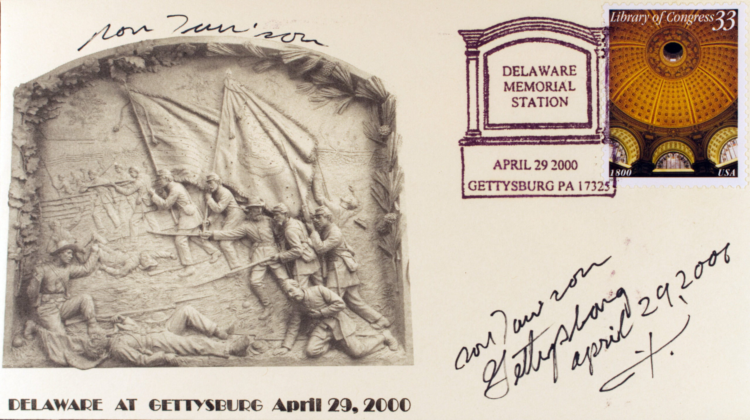 Delaware at Gettysburg, April 29, 2000. Envelope with postal cancellation marked “Delaware Memorial Station, April 29, 2000, Gettysburg PA 17325.” Library of Congress 33 cent postage stamp. Signed by the sculptor Ron Tunison.