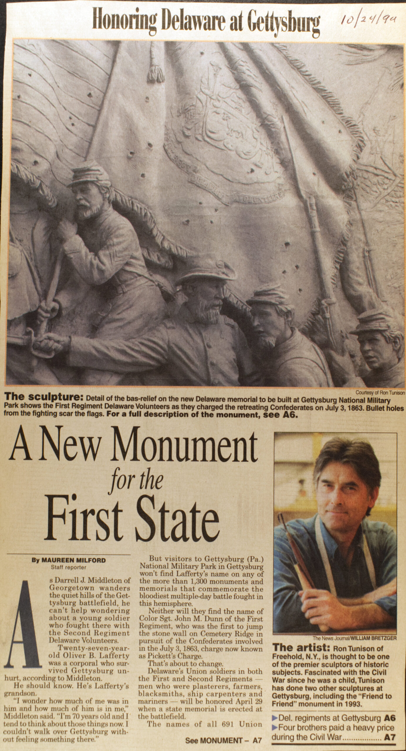 Milford, Maureen. “A New Monument for the First State: Honoring Delaware at Gettysburg,” Wilmington News Journal, October 24, 1994.