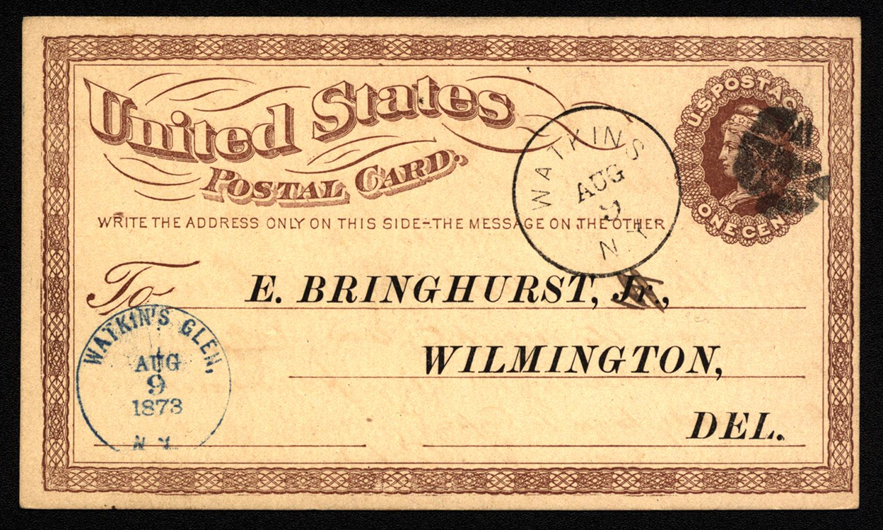 E. Bringhurst Postal Card to E. Bringhurst (recto), August 9, 1873, from the Shipley-Bringhurst-Hargraves family papers