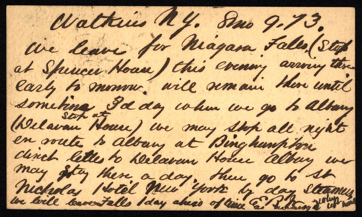 E. Bringhurst Postal Card to E. Bringhurst (verso), August 9, 1873, from the Shipley-Bringhurst-Hargraves family papers