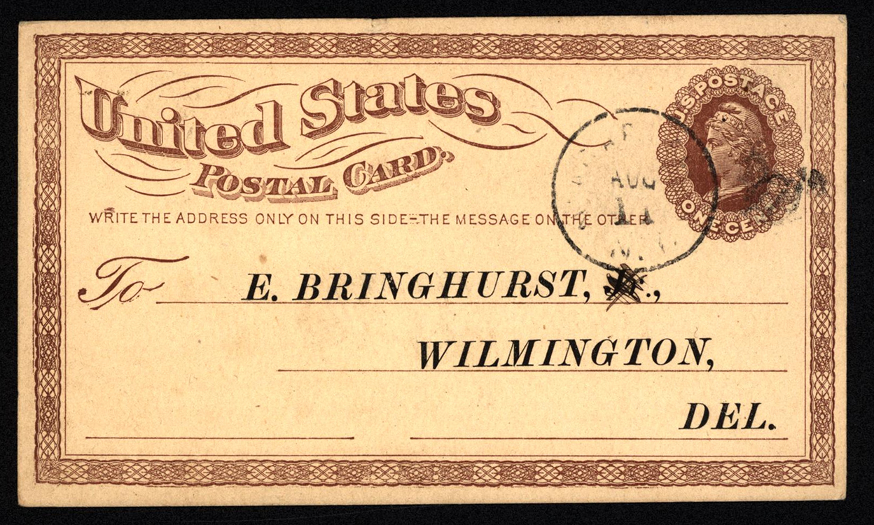 E. Bringhurst Postal Card to E. Bringhurst (recto), August 11, 1873, from the Shipley-Bringhurst-Hargraves family papers