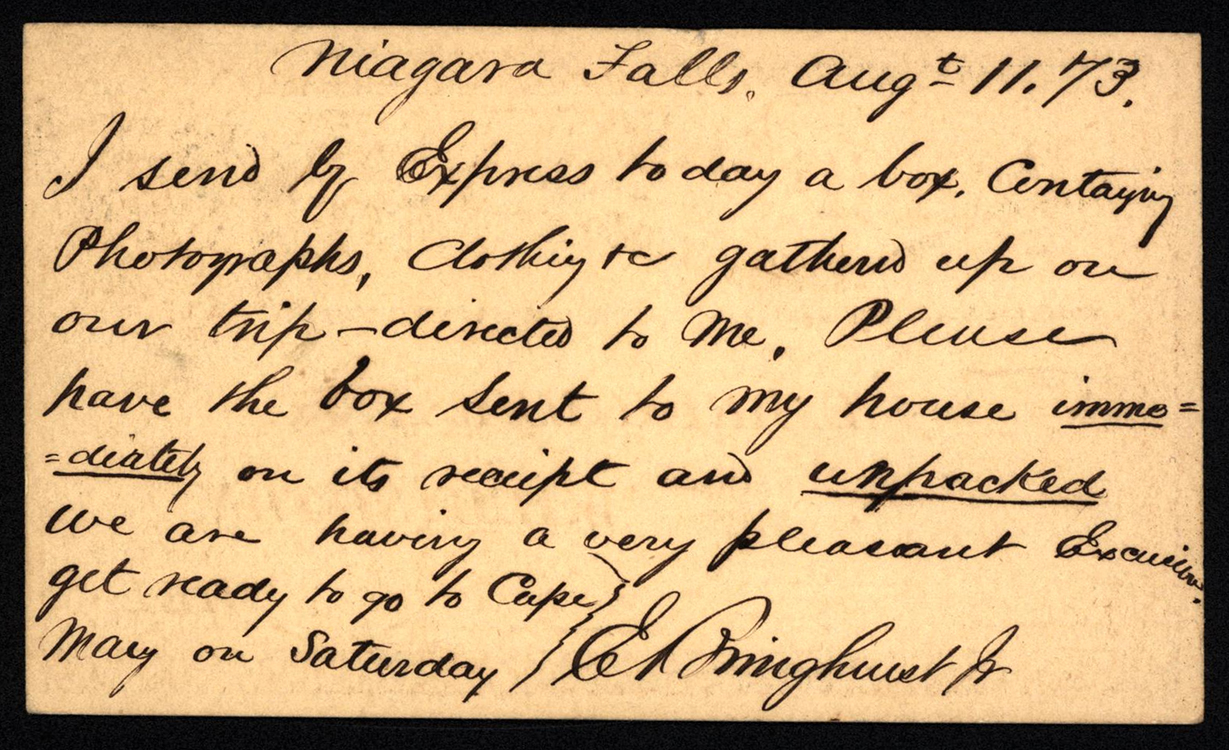 E. Bringhurst Postal Card to E. Bringhurst (verso), August 11, 1873, from the Shipley-Bringhurst-Hargraves family papers