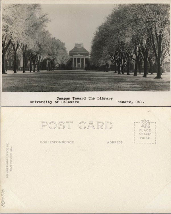 Campus Toward the Library, University of Delaware, Newark, Del., 1939–1950, From the Delaware Postcard Collection