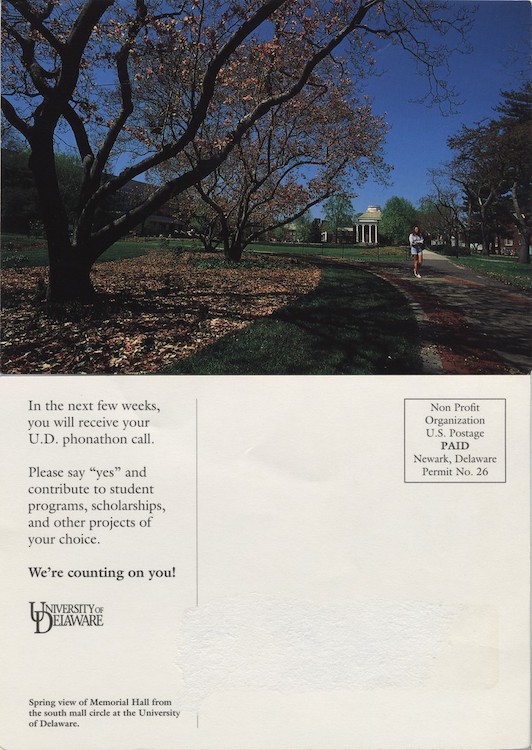 University of Delaware Phonathon, 1986 or later, From the Delaware Postcard Collection