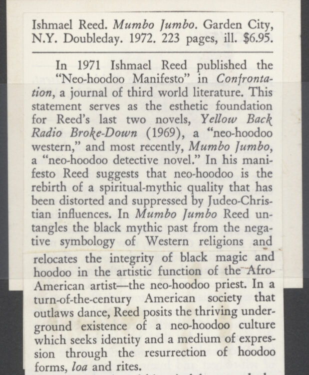 Thomas Hoeksema. Review of Mumbo Jumbo. Books Abroad: An International Literary Quarterly. April, 1973