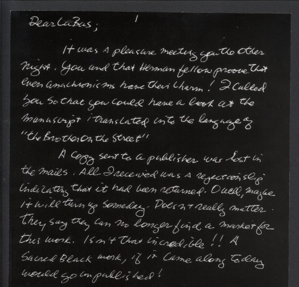 Photo-negative proof copy of Hamid’s letter in Reed’s long hand, 1971