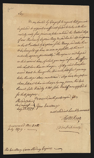 John Dickinson and Thomas McKean, Autograph letter to Caesar Rodney.