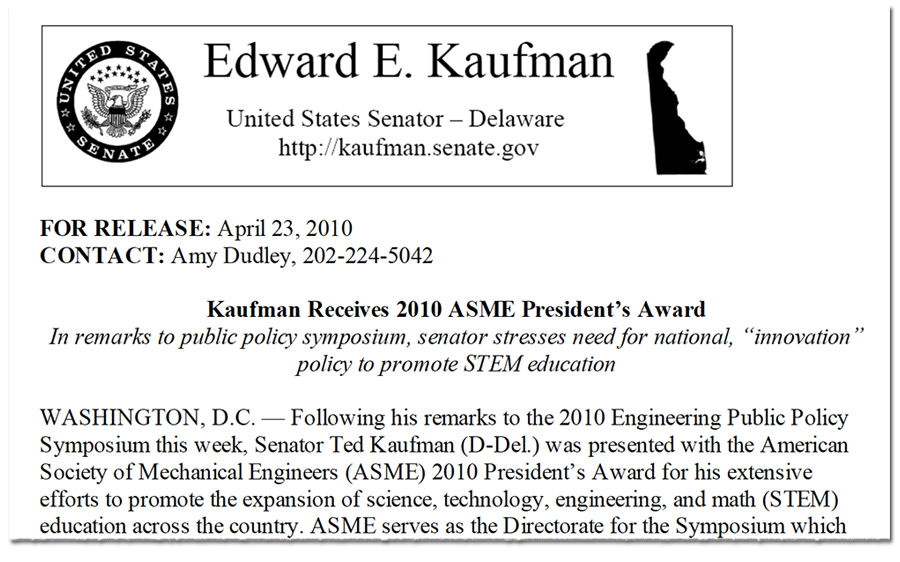 ASME President’s Award press release, 2010 April 23