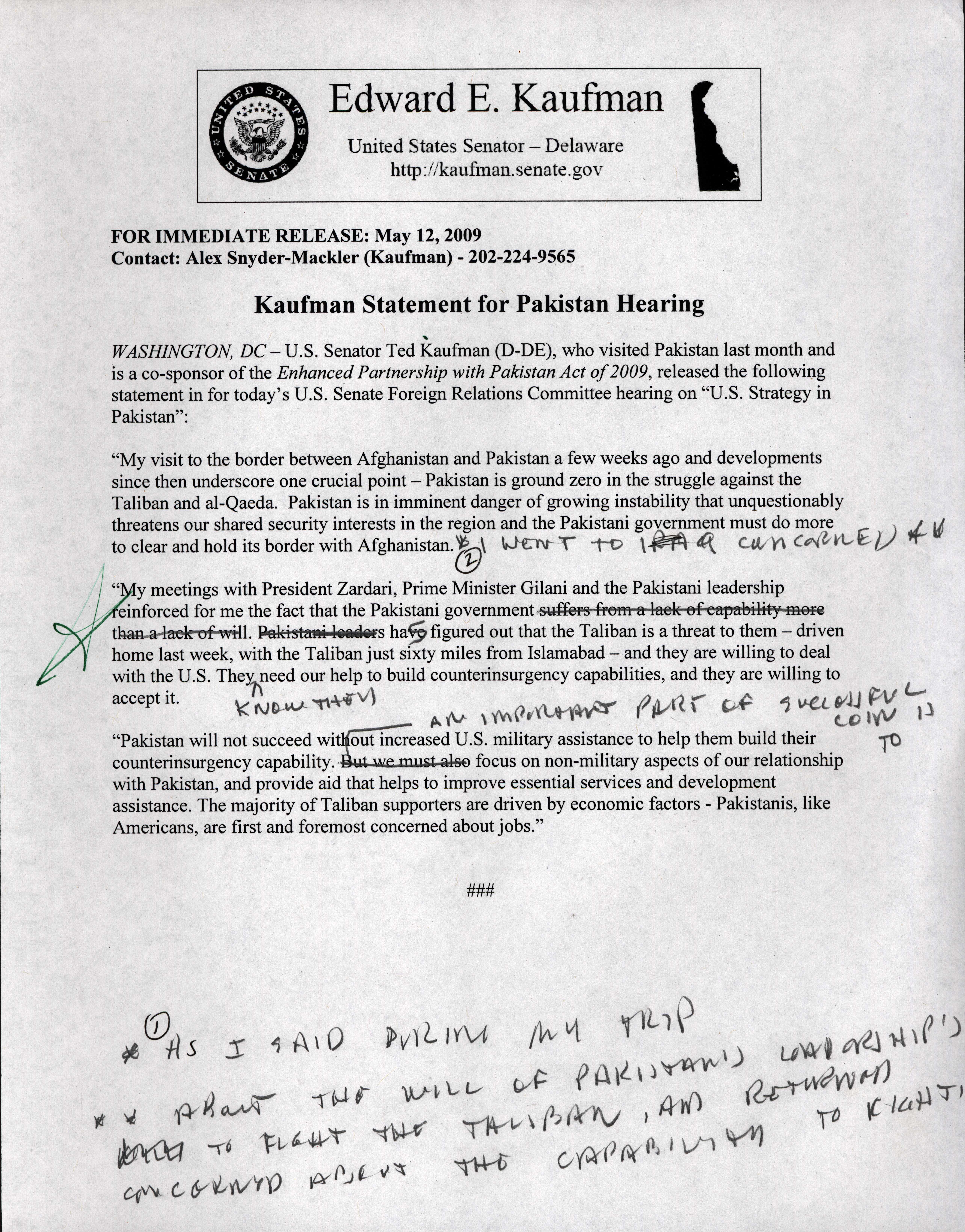 Draft press release about Pakistan, 2009 May 12