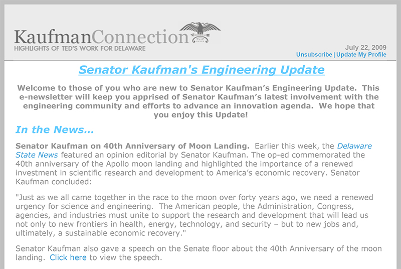 Excerpt from Senator Kaufman’s Engineering Update newsletter, 2009 July 22