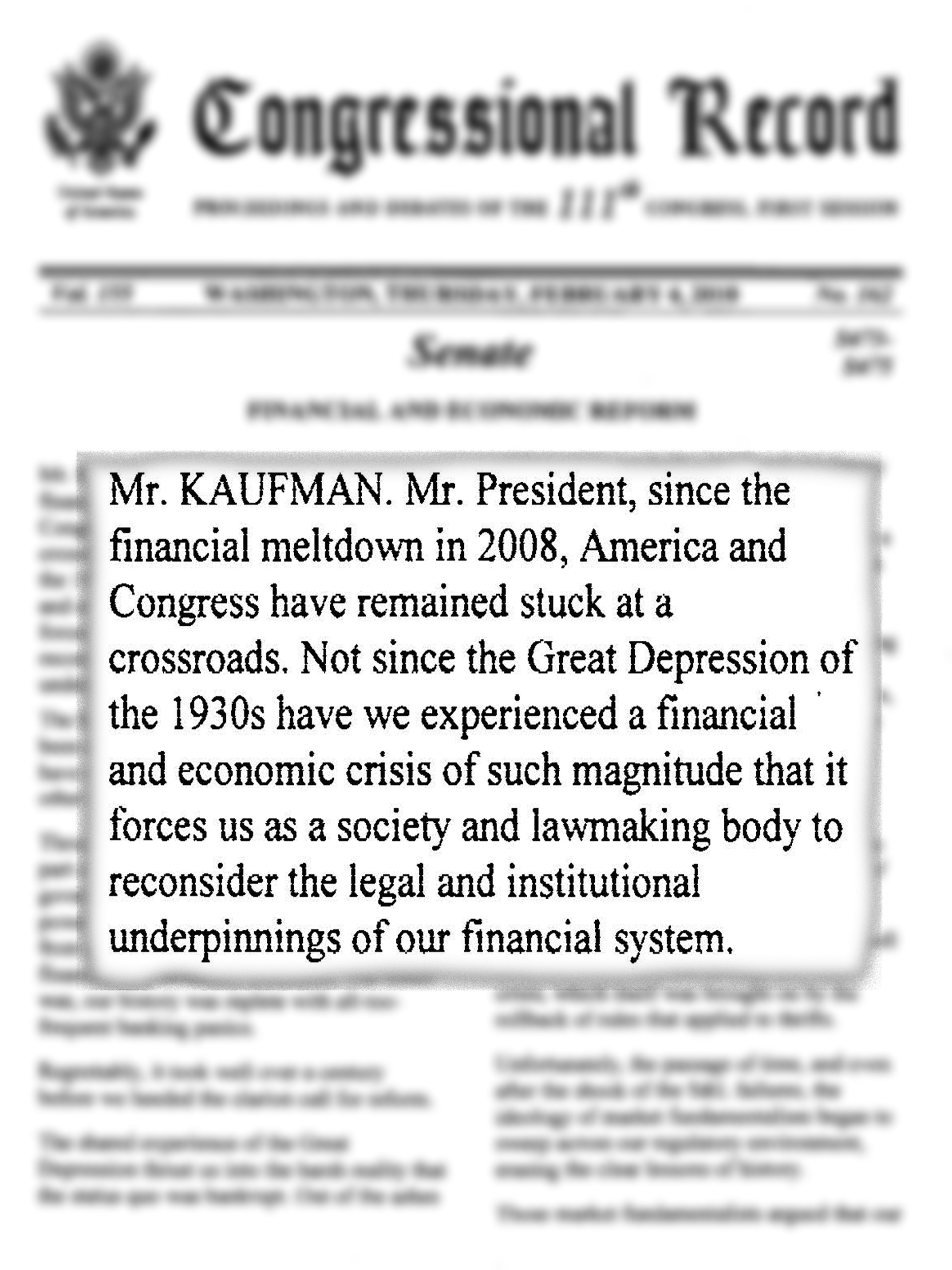 Excerpt from financial and economic reform statement, Congressional Record, 2010 February 4