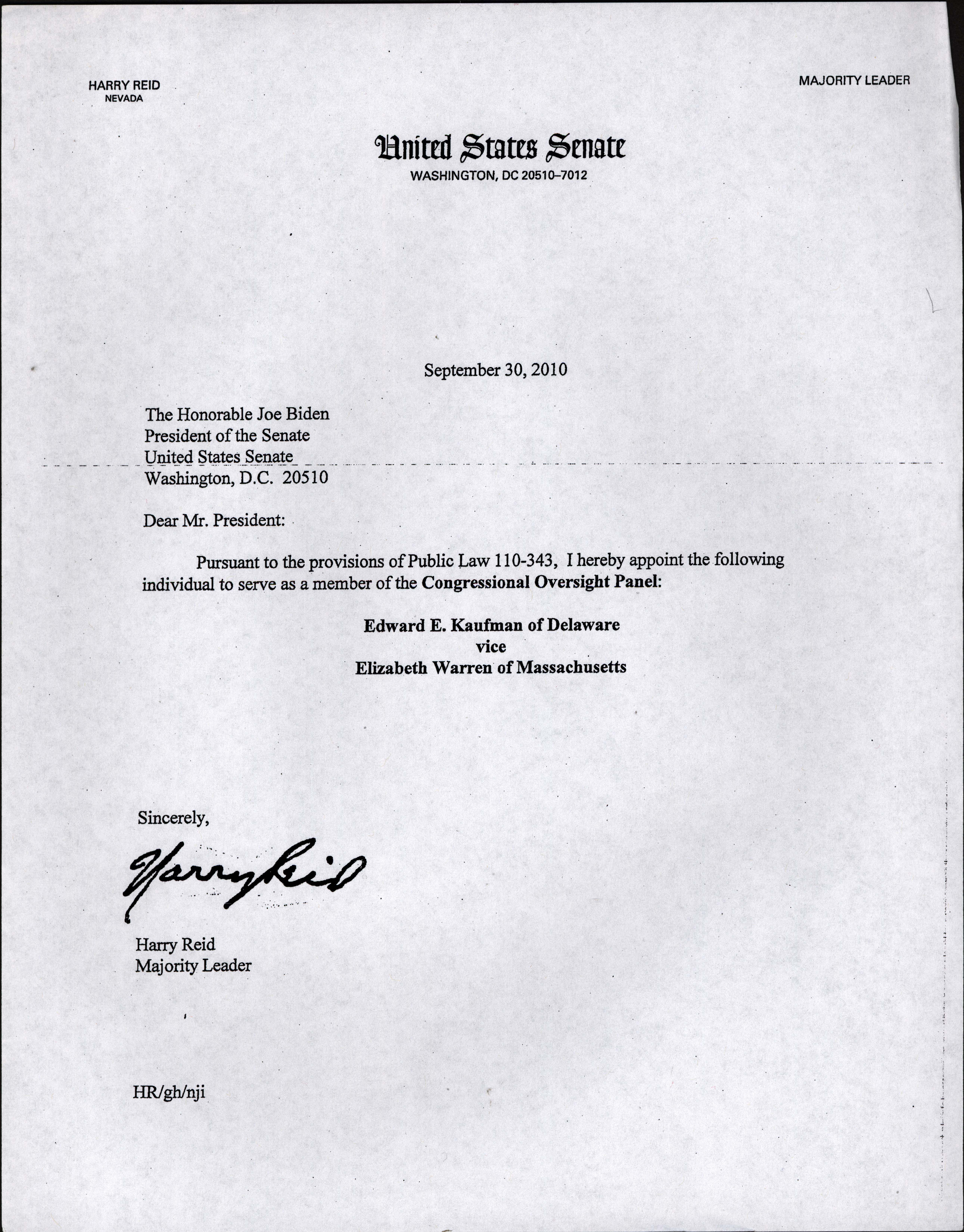 Letter from Senate Majority Leader Harry Reid, 2010 September 30