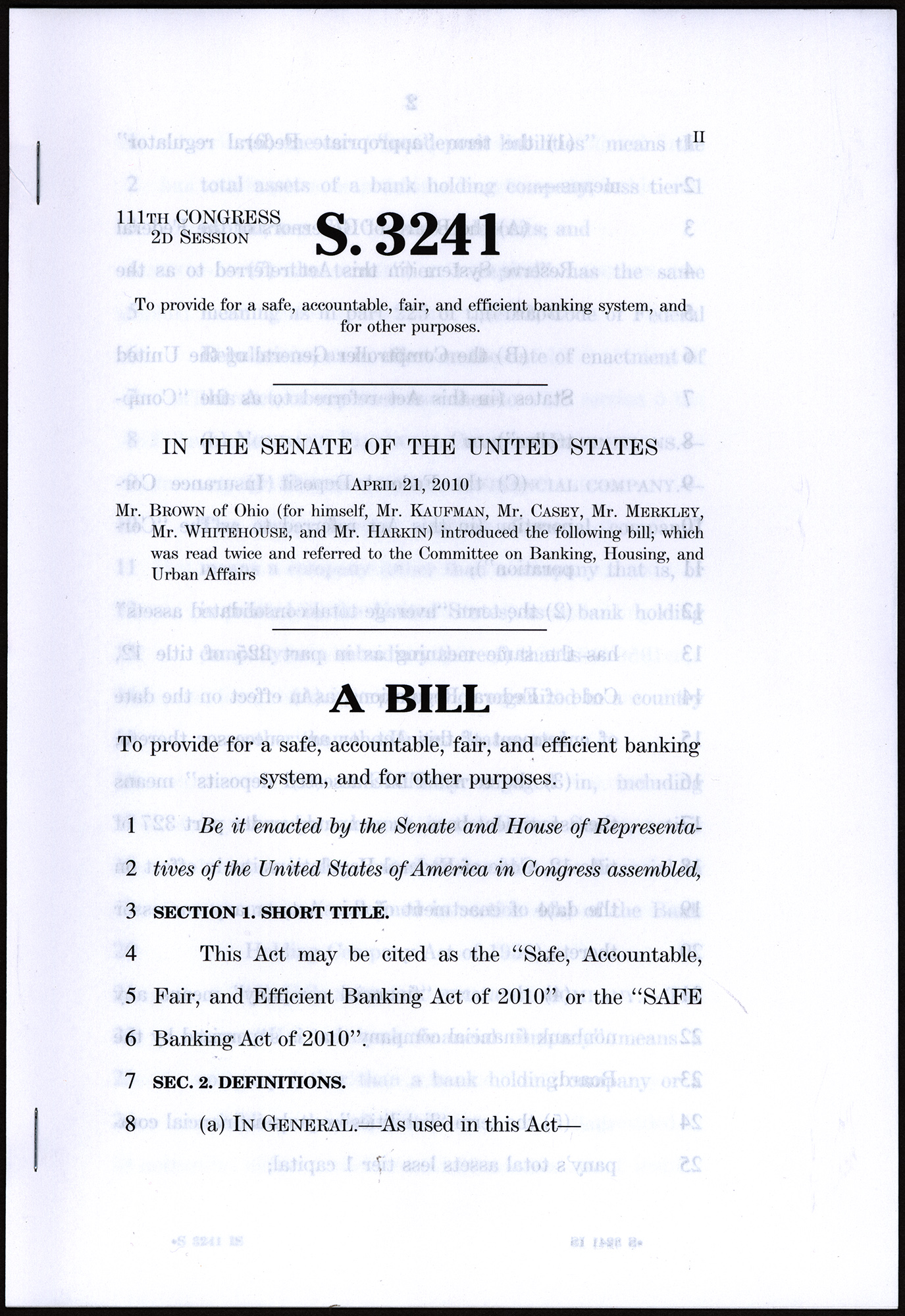 Safe Banking Act of 2010, S. 3241, 111th Congress, 2010 April 21
