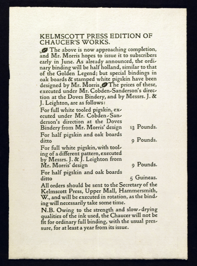 Kelmscott Press. Kelmscott Press Edition of Chaucer’s Works. [Hammersmith: Kelmscott Press, 1896]