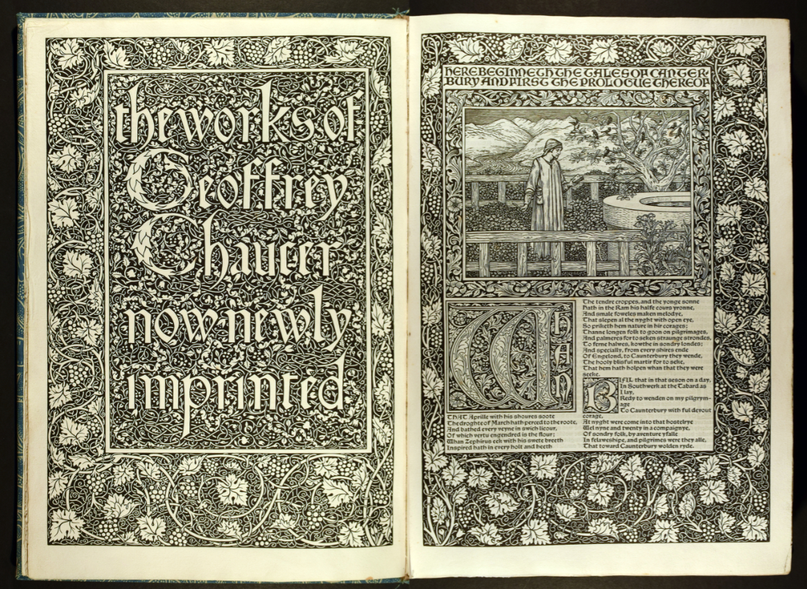 Geoffrey Chaucer, –1400. The Works of Geoffrey Chaucer, Now Newly Imprinted. [Hammersmith, Middlesex]: Printed by me William Morris at the Kelmscott Press, Upper Mall, Hammersmith, in the County of Middlesex, finished on the 8th day of May, 1896 (1)