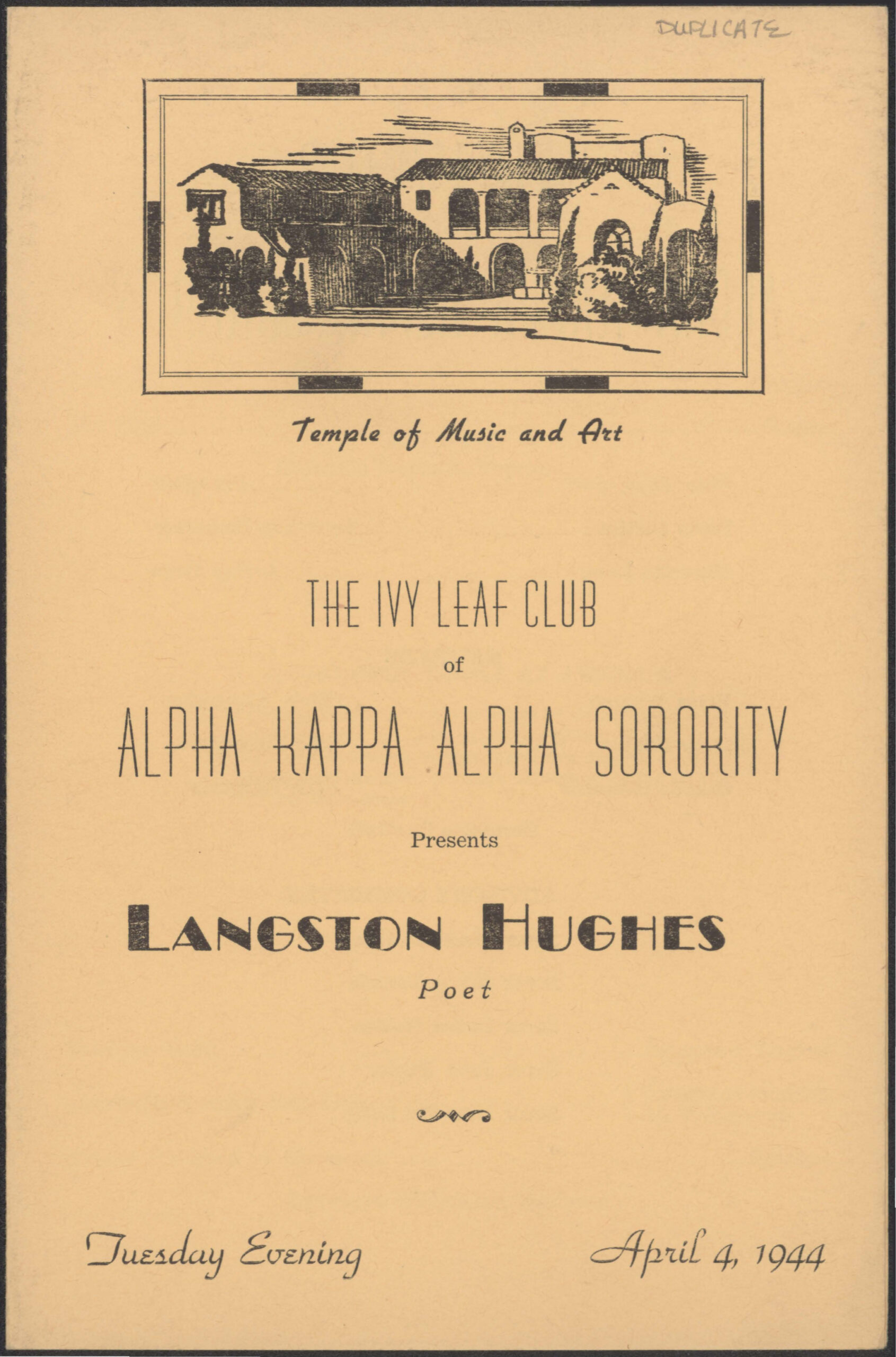 Alpha Kappa Alpha Sorority, “The Ivy Leaf Club of Alpha Kappa Alpha Sorority Presents Langston Hughes,” April 4, 1944, Langston Hughes ephemera collection, Special Collections, University of Delaware