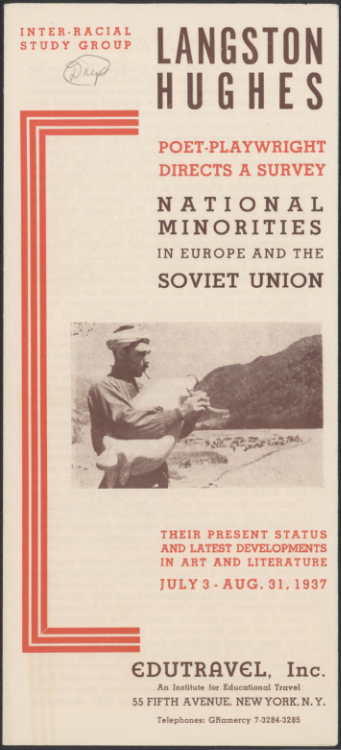Brochure for Edutravel, Inc., “Langston Hughes, Poet-Playwright Directs a Survey [of] National Minorities in Europe and the Soviet Union,” circa 1937, Langston Hughes ephemera collection, Special Collections, University of Delaware Library