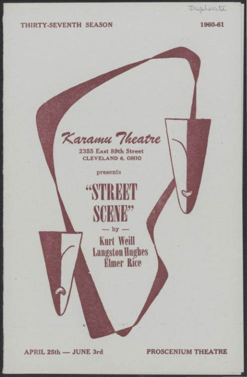 Playbill for Karamu Theatre’s production of  Street Scene, Cleveland, Ohio, 1960-1961, Langston Hughes ephemera collection, Special Collections, University of Delaware Library