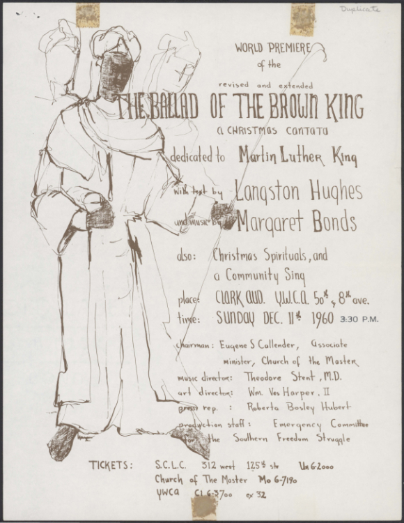 Production flier, The Ballad of the Brown King, Clark Auditorium, YWCA, New York City, New York, December 11, 1960, Langston Hughes ephemera collection, Special Collections, University of Delaware Library