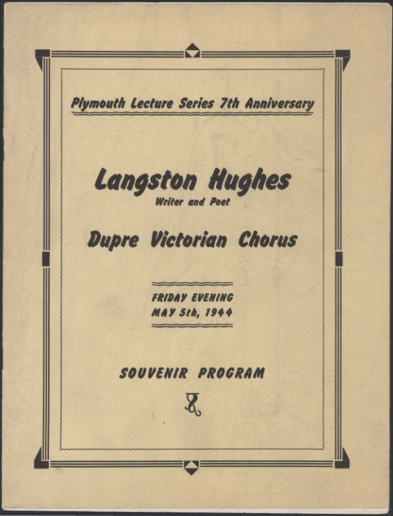 Committee of the Plymouth Congregational Church, “Plymouth Lecture Series 7th Anniversary Presents Langston Hughes with the Dupre Victorian Chorus,” May 5, 1944, Langston Hughes ephemera collection, Special Collections, University of Delaware